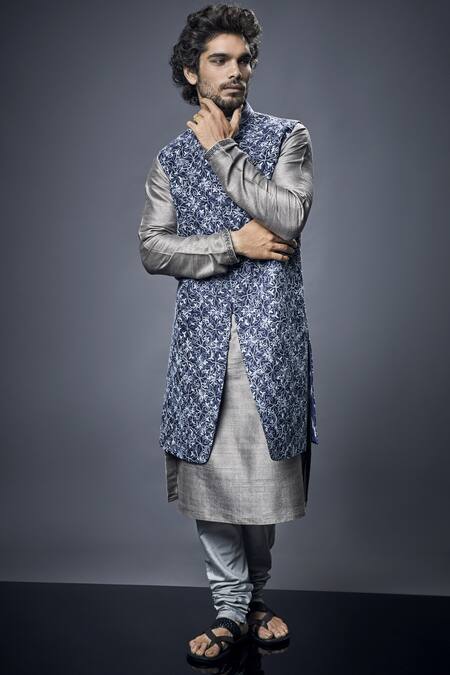 Bubber Couture Blue Cotton Silk Embroidered Bundi Online at Aza Fashions Bubber Couture_Blue Cotton Silk Embroidered Bundi _Online_at_Aza_Fashions