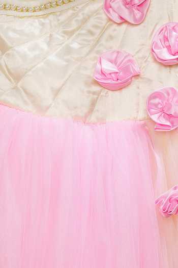 Pinkcow designs pvt ltd_Pink Net, Satin Fabric Flowers Layered Asymmetric Dress _Online_at_Aza_Fashions