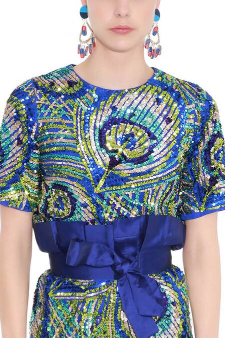 Buy_Manish Arora_Blue Net Round Embellished Top _Online_at_Aza_Fashions