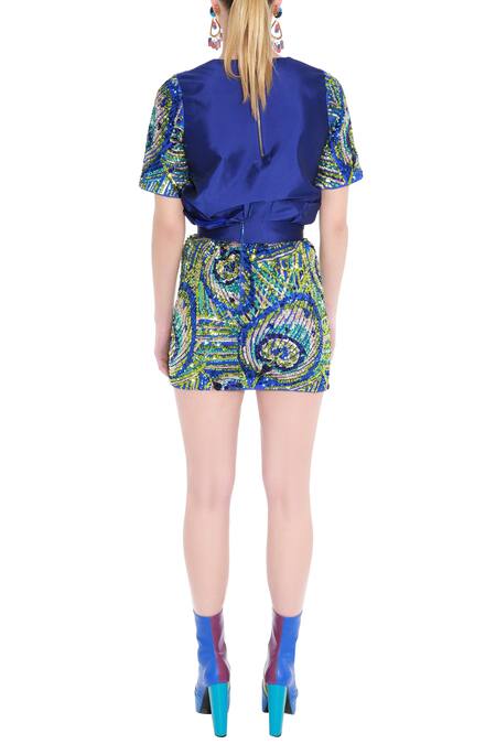 Shop Manish Arora Blue Net Embellished Skirt at Aza Fashions Shop_Manish Arora_Blue Net Embellished Skirt _at_Aza_Fashions