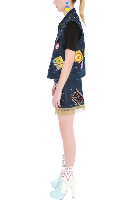 Manish Arora_Blue Denim Embellished Skirt _Online_at_Aza_Fashions