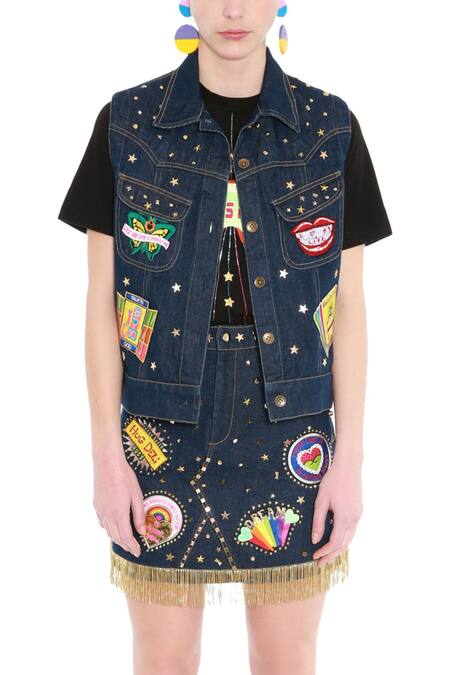 Buy_Manish Arora_Blue Denim Embellished Skirt _Online_at_Aza_Fashions