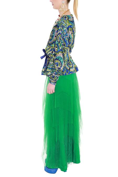 Manish Arora_Blue Net V Neck Embellished Top _Online_at_Aza_Fashions