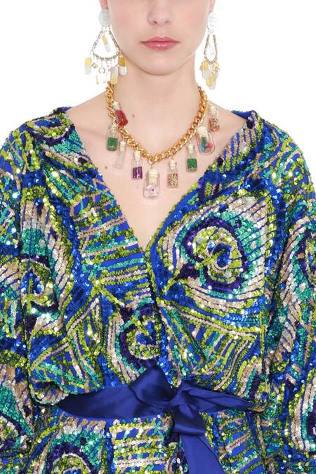 Buy_Manish Arora_Blue Net V Neck Embellished Top _Online_at_Aza_Fashions