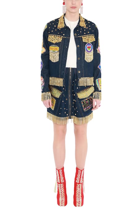 Manish Arora Blue Denim Embellished Skirt  