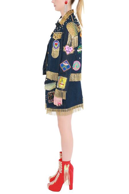 Manish Arora_Blue Denim Embellished Skirt _Online_at_Aza_Fashions