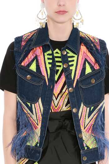 Buy Black Cotton Jersey Round Embellished Top For Women by Manish 
