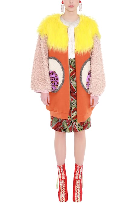 Manish Arora Orange Faux Fur Round Badge Long Jacket  