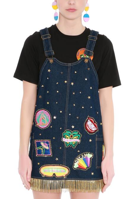 Buy_Manish Arora_Blue Denim U Neck Embellished Dungaree Dress _Online_at_Aza_Fashions