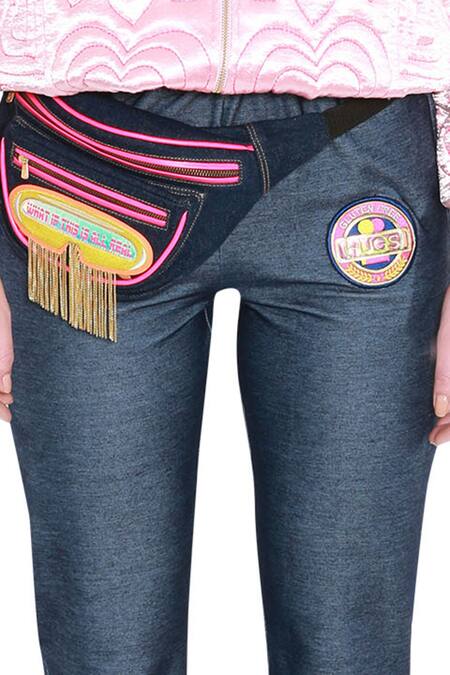 Buy_Manish Arora_Blue Denim Knit Pants _Online_at_Aza_Fashions