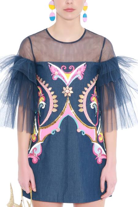 Buy_Manish Arora_Blue Denim Round Embellished Dress _Online_at_Aza_Fashions