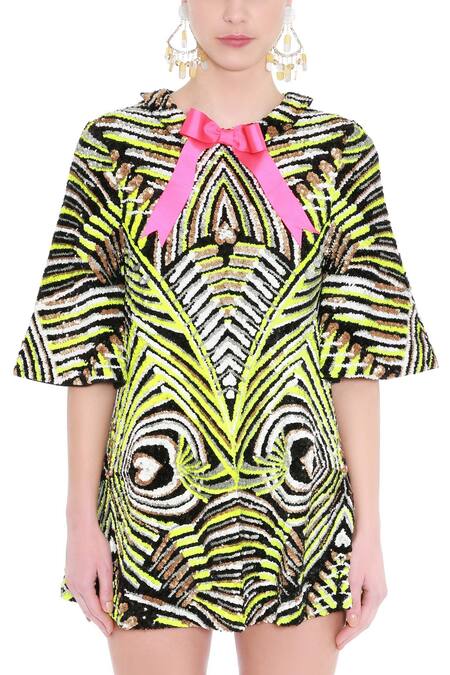 Buy_Manish Arora_Green Net Flap Collar Embellished Dress _Online_at_Aza_Fashions