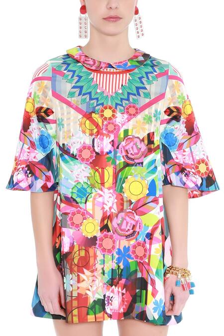 Buy_Manish Arora_Multi Color Satin Lycra Round Printed Short Dress_Online_at_Aza_Fashions