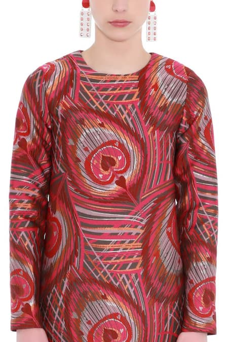 Buy_Manish Arora_Red Brocade Round Dress _Online_at_Aza_Fashions