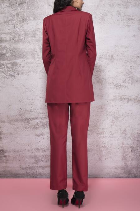 Shop Ritika Bharwani Red Polyester Blend Cigarette Pants at Aza Fashions Shop_Ritika Bharwani_Red Polyester Blend Cigarette Pants_at_Aza_Fashions