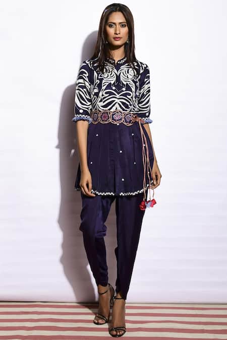 Swati Vijaivargie Blue Linen Satin Mandarin Collar Embroidered Kurta Pant Set