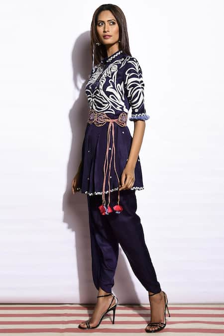 Swati Vijaivargie Blue Linen Satin Mandarin Collar Embroidered Kurta Pant Set Online at Aza Fashions Swati Vijaivargie_Blue Linen Satin Mandarin Collar Embroidered Kurta Pant Set _Online_at_Aza_Fashions