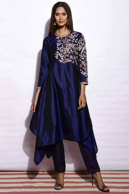 Swati Vijaivargie Blue Kurta Silk Pant Linen Satin Round Embroidered Asymmetric Set