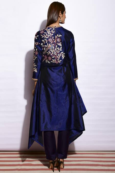 Shop Swati Vijaivargie Blue Kurta Silk Pant Linen Satin Round Embroidered Asymmetric Set at Aza Fashions Shop_Swati Vijaivargie_Blue Kurta Silk Pant Linen Satin Round Embroidered Asymmetric Set _at_Aza_Fashions