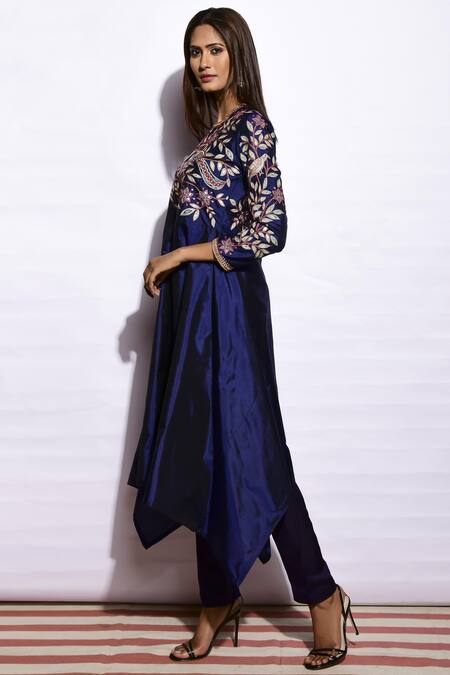 Swati Vijaivargie Blue Kurta Silk Pant Linen Satin Round Embroidered Asymmetric Set Online at Aza Fashions Swati Vijaivargie_Blue Kurta Silk Pant Linen Satin Round Embroidered Asymmetric Set _Online_at_Aza_Fashions