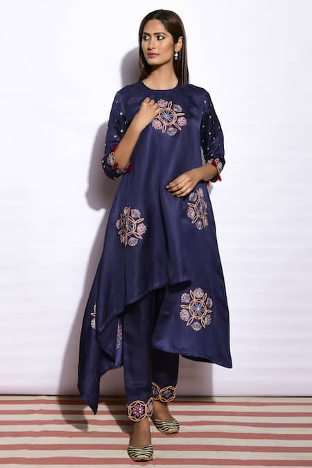 Swati Vijaivargie Blue Kurta Silk Pant Linen Round Embroidered Asymmetric Set
