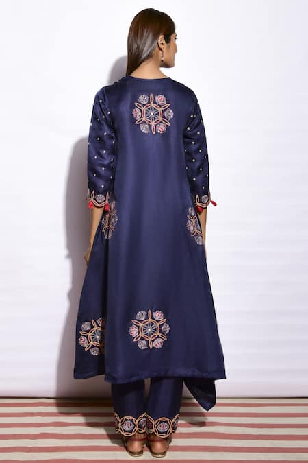 Shop Swati Vijaivargie Blue Kurta Silk Pant Linen Round Embroidered Asymmetric Set at Aza Fashions Shop_Swati Vijaivargie_Blue Kurta Silk Pant Linen Round Embroidered Asymmetric Set _at_Aza_Fashions