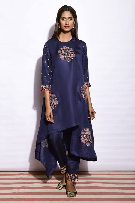 Swati Vijaivargie Blue Kurta Silk Pant Linen Round Embroidered Asymmetric Set Online at Aza Fashions Swati Vijaivargie_Blue Kurta Silk Pant Linen Round Embroidered Asymmetric Set _Online_at_Aza_Fashions