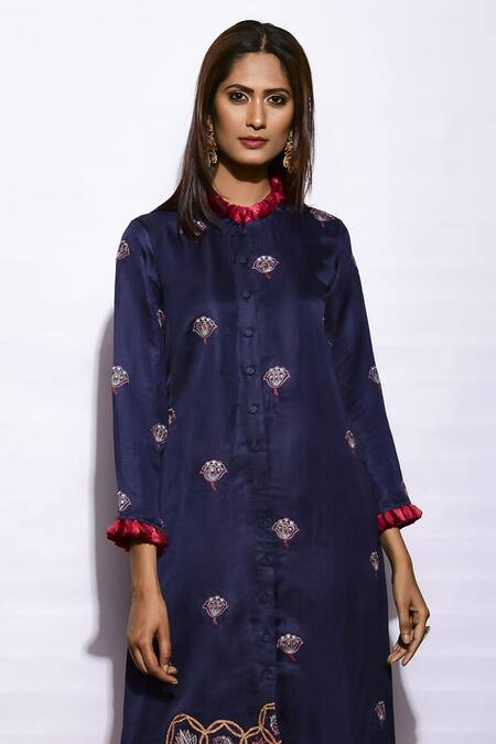 Shop_Swati Vijaivargie_Blue Linen Satin Round Embroidered Asymmetric Kurta Set _Online_at_Aza_Fashions