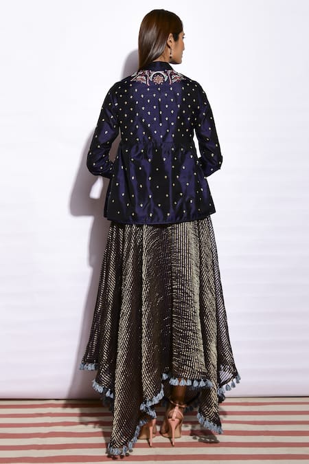 Shop Swati Vijaivargie Blue Kurta Silk Skirt Linen Satin Band Collar Embroidered Set at Aza Fashions Shop_Swati Vijaivargie_Blue Kurta Silk Skirt Linen Satin Band Collar Embroidered Set _at_Aza_Fashions