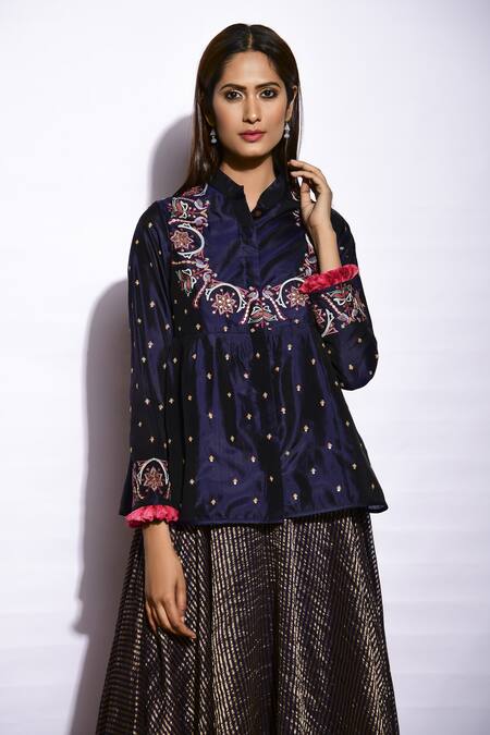 Swati Vijaivargie Blue Kurta Silk Skirt Linen Satin Band Collar Embroidered Set Online at Aza Fashions Swati Vijaivargie_Blue Kurta Silk Skirt Linen Satin Band Collar Embroidered Set _Online_at_Aza_Fashions