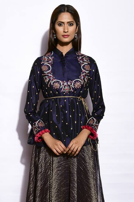 Buy Swati Vijaivargie Blue Kurta Silk Skirt Linen Satin Band Collar Embroidered Set Online at Aza Fashions Buy_Swati Vijaivargie_Blue Kurta Silk Skirt Linen Satin Band Collar Embroidered Set _Online_at_Aza_Fashions