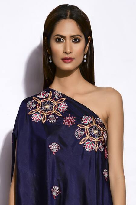Swati Vijaivargie Blue Kurta Silk Pant Linen Asymmetric Embroidered Cape Set Online at Aza Fashions Swati Vijaivargie_Blue Kurta Silk Pant Linen Asymmetric Embroidered Cape Set _Online_at_Aza_Fashions
