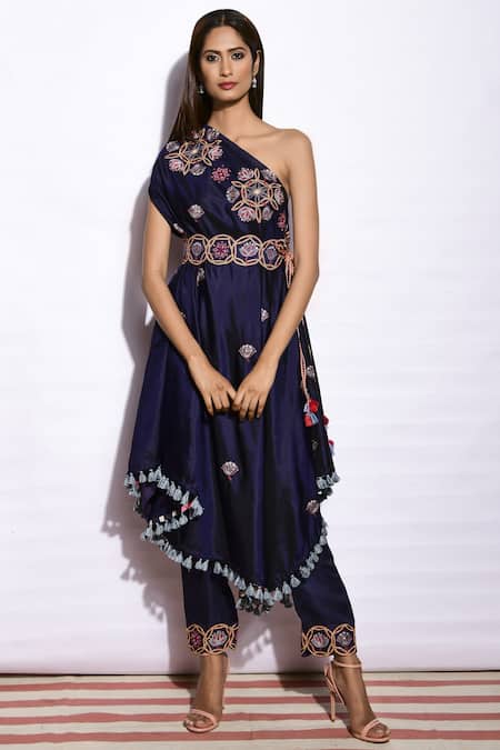 Swati Vijaivargie Blue Tunic Silk Pant Linen Asymmetric Embroidered With