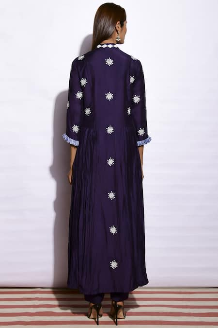 Shop Swati Vijaivargie Blue Silk Band Collar Embroidered Kurta Set at Aza Fashions Shop_Swati Vijaivargie_Blue Silk Band Collar Embroidered Kurta Set _at_Aza_Fashions