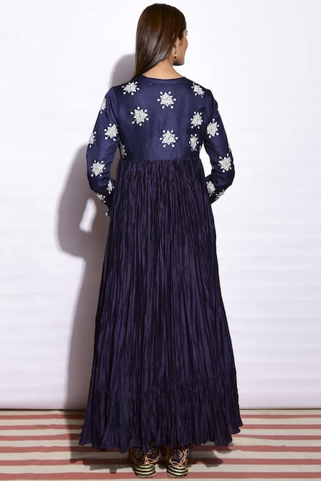 Shop Swati Vijaivargie Blue Linen Satin V-shaped Neckline Embroidered Dress at Aza Fashions Shop_Swati Vijaivargie_Blue Linen Satin V-shaped Neckline Embroidered Dress _at_Aza_Fashions