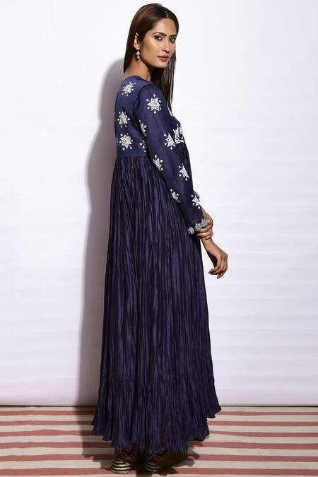 Swati Vijaivargie Blue Linen Satin V-shaped Neckline Embroidered Dress Online at Aza Fashions Swati Vijaivargie_Blue Linen Satin V-shaped Neckline Embroidered Dress _Online_at_Aza_Fashions