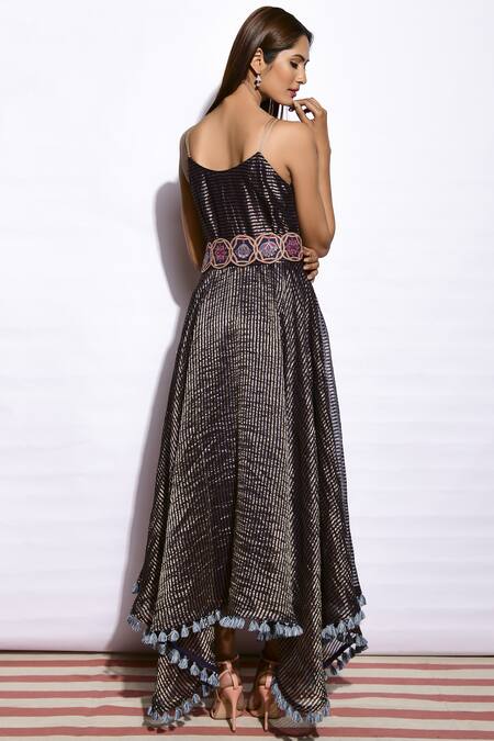 Shop Swati Vijaivargie Blue Tissue Chanderi U-shaped Neckline Dress With Belt at Aza Fashions Shop_Swati Vijaivargie_Blue Tissue Chanderi U-shaped Neckline Dress With Belt _at_Aza_Fashions