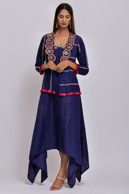 Swati Vijaivargie Blue Linen Satin Shawl Collar Embroidered Jacket