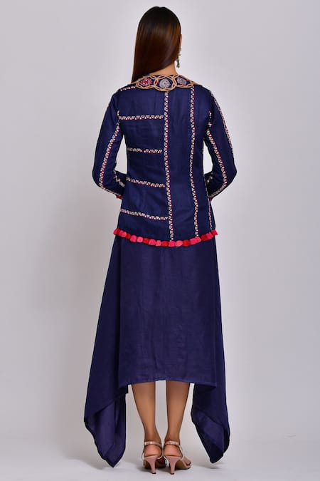 Shop Swati Vijaivargie Blue Linen Satin Shawl Collar Embroidered Jacket at Aza Fashions Shop_Swati Vijaivargie_Blue Linen Satin Shawl Collar Embroidered Jacket _at_Aza_Fashions