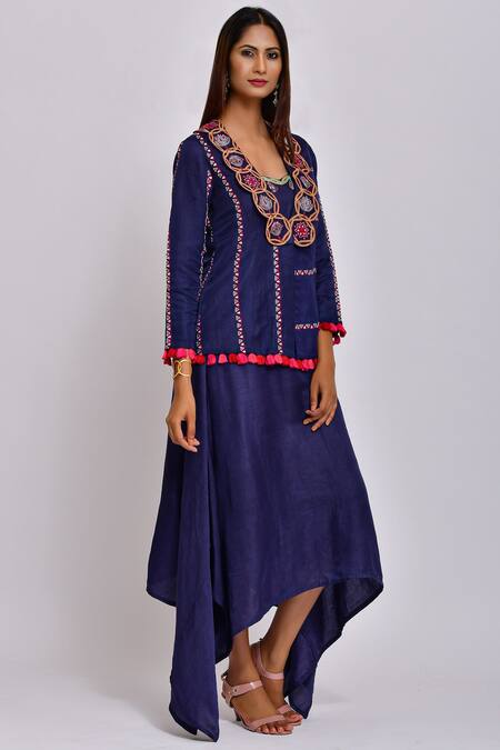 Swati Vijaivargie Blue Linen Satin Shawl Collar Embroidered Jacket Online at Aza Fashions Swati Vijaivargie_Blue Linen Satin Shawl Collar Embroidered Jacket _Online_at_Aza_Fashions