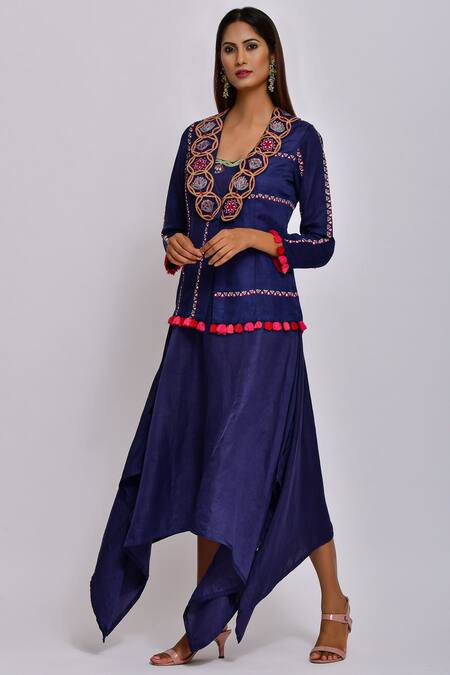 Buy Swati Vijaivargie Blue Linen Satin Shawl Collar Embroidered Jacket Online at Aza Fashions Buy_Swati Vijaivargie_Blue Linen Satin Shawl Collar Embroidered Jacket _Online_at_Aza_Fashions