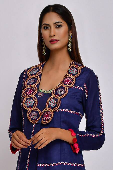 Shop Swati Vijaivargie Blue Linen Satin Shawl Collar Embroidered Jacket Online at Aza Fashions Shop_Swati Vijaivargie_Blue Linen Satin Shawl Collar Embroidered Jacket _Online_at_Aza_Fashions