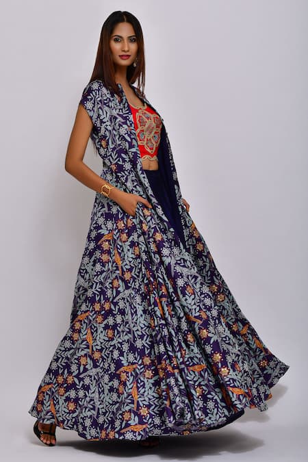 Swati Vijaivargie Blue Linen Satin Blouse And Jacket Round Printed Lehenga Set Online at Aza Fashions Swati Vijaivargie_Blue Linen Satin Blouse And Jacket Round Printed Lehenga Set _Online_at_Aza_Fashions