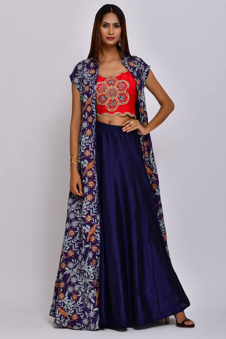 Buy Swati Vijaivargie Blue Linen Satin Blouse And Jacket Round Printed Lehenga Set Online at Aza Fashions Buy_Swati Vijaivargie_Blue Linen Satin Blouse And Jacket Round Printed Lehenga Set _Online_at_Aza_Fashions