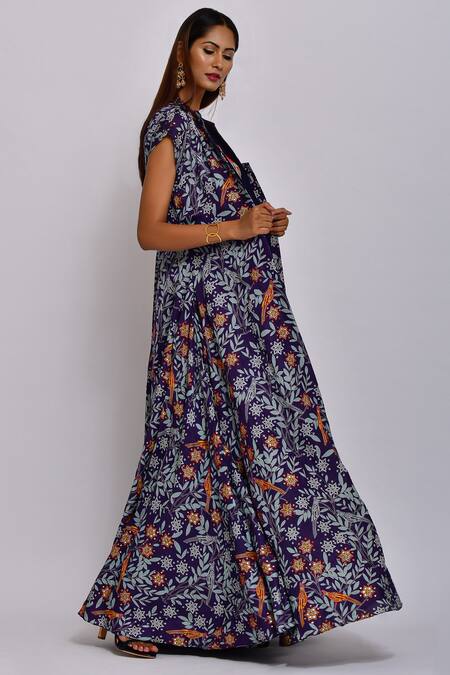 Shop Swati Vijaivargie Blue Linen Satin Blouse And Jacket Round Printed Lehenga Set Online at Aza Fashions Shop_Swati Vijaivargie_Blue Linen Satin Blouse And Jacket Round Printed Lehenga Set _Online_at_Aza_Fashions