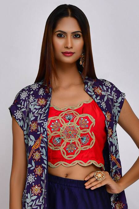 Swati Vijaivargie Blue Linen Satin Blouse And Jacket Round Printed Lehenga Set at Aza Fashions Swati Vijaivargie_Blue Linen Satin Blouse And Jacket Round Printed Lehenga Set _at_Aza_Fashions