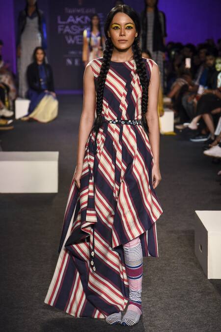 Tahweave_Multi Color Cotton Draped Striped Dress_Online_at_Aza_Fashions