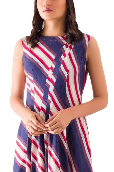 Buy_Tahweave_Multi Color Cotton Draped Striped Dress_Online_at_Aza_Fashions