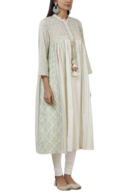 Aditi Beriwala_White Organic Cotton Stand Collar Embroidered Kurta _Online_at_Aza_Fashions