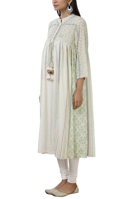 Buy_Aditi Beriwala_White Organic Cotton Stand Collar Embroidered Kurta _Online_at_Aza_Fashions